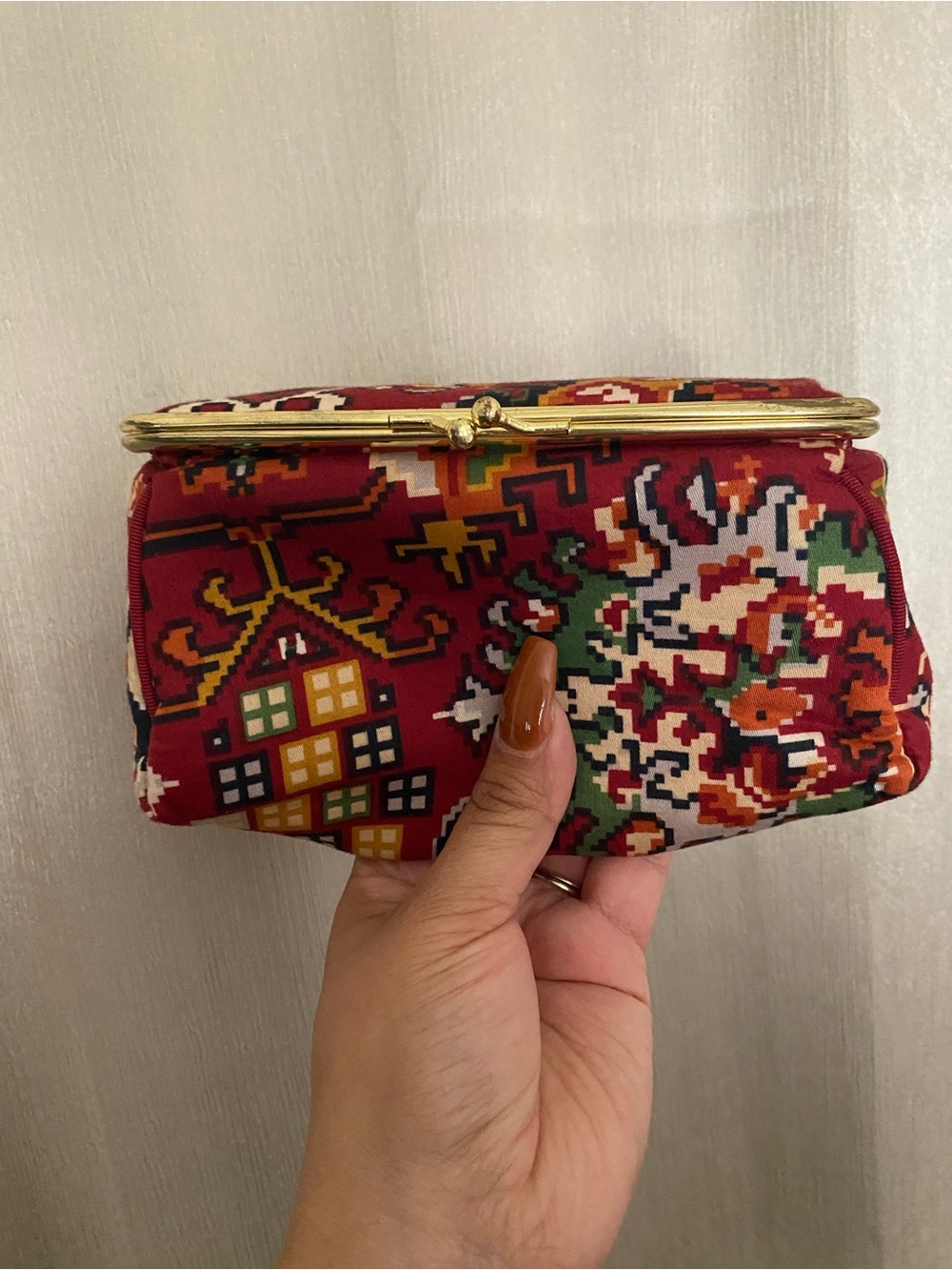 Adrienne Vittadini Red Multicolor Patterned Frame Cosmetic Clutch